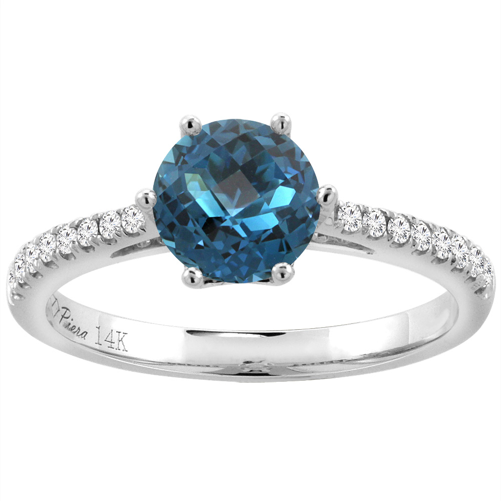 14K White Gold Diamond Natural London Blue Topaz Engagement Ring Round 7 mm, sizes 5-10