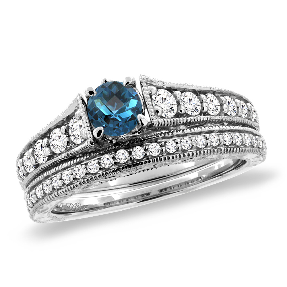 14K White Gold Diamond Natural London Blue Topaz 2pc Engagement Ring Set Round 5 mm,size5-10