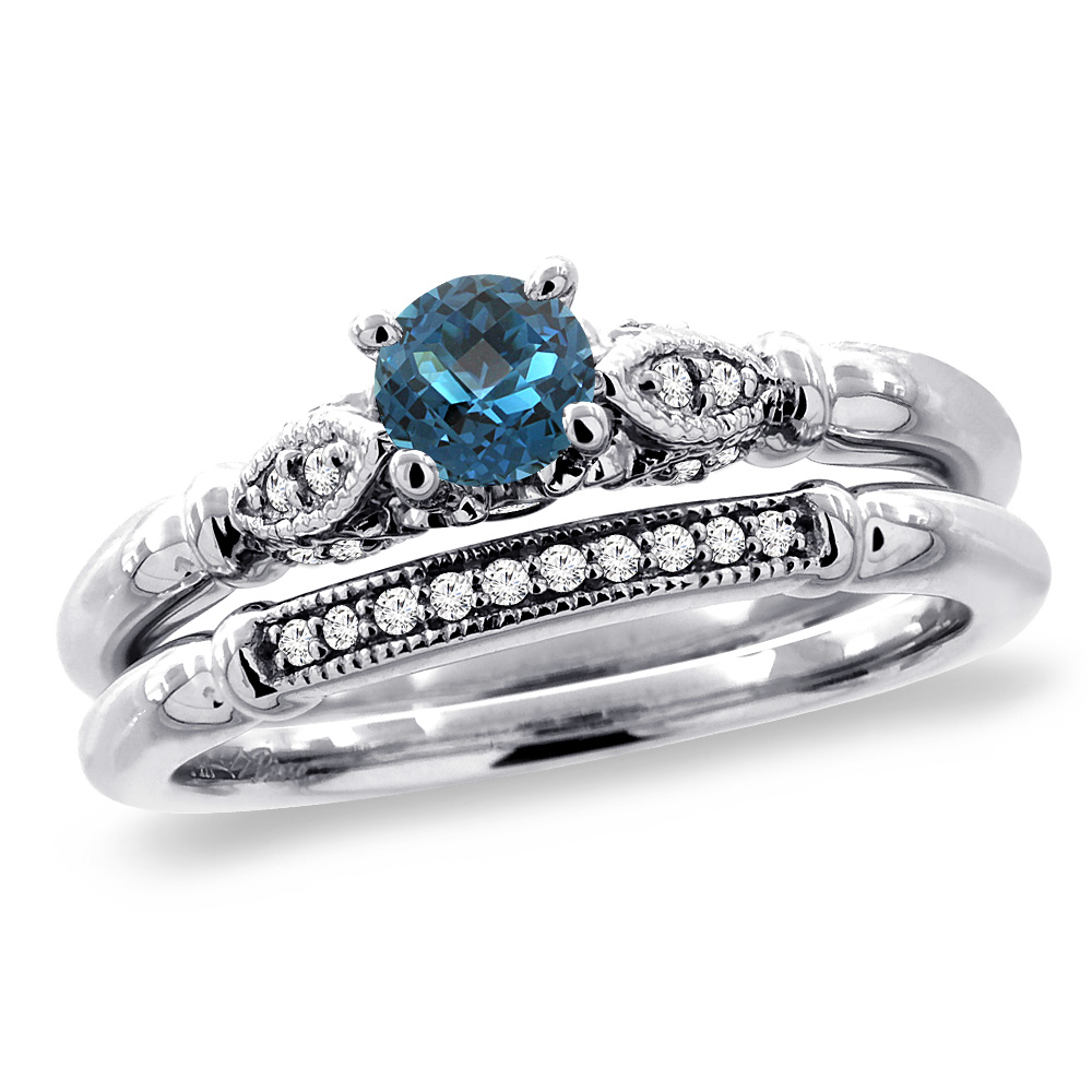 14K White Gold Diamond Natural London BlueTopaz 2pc Engagement Ring Set Round 4 mm, sizes 5 - 10