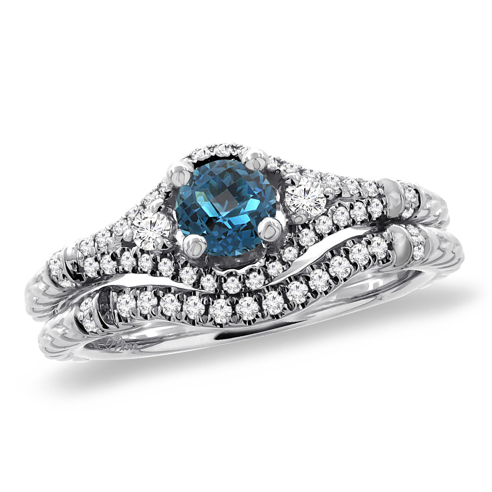 14K White Gold Diamond Natural London BlueTopaz 2pc Engagement Ring Set Round 4 mm, sizes 5 - 10