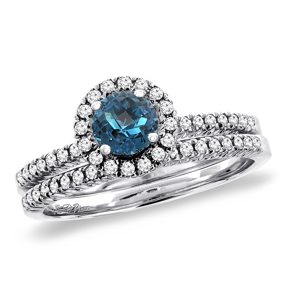 14K White Gold Diamond Natural London BlueTopaz 2pc Halo Engagement Ring Set Round 4mm, size5-10