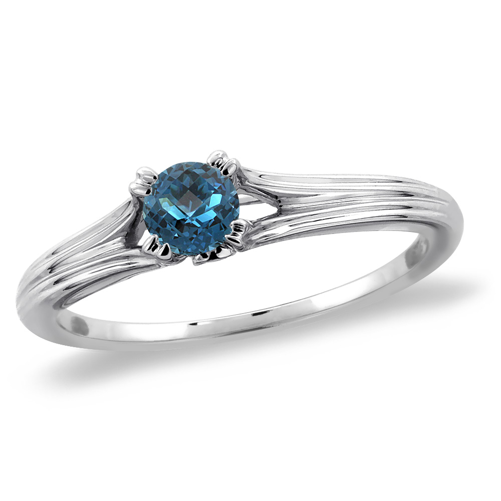 14K White Gold Diamond Natural London Blue Topaz Solitaire Engagement Ring Round 6 mm, sizes 5 -10