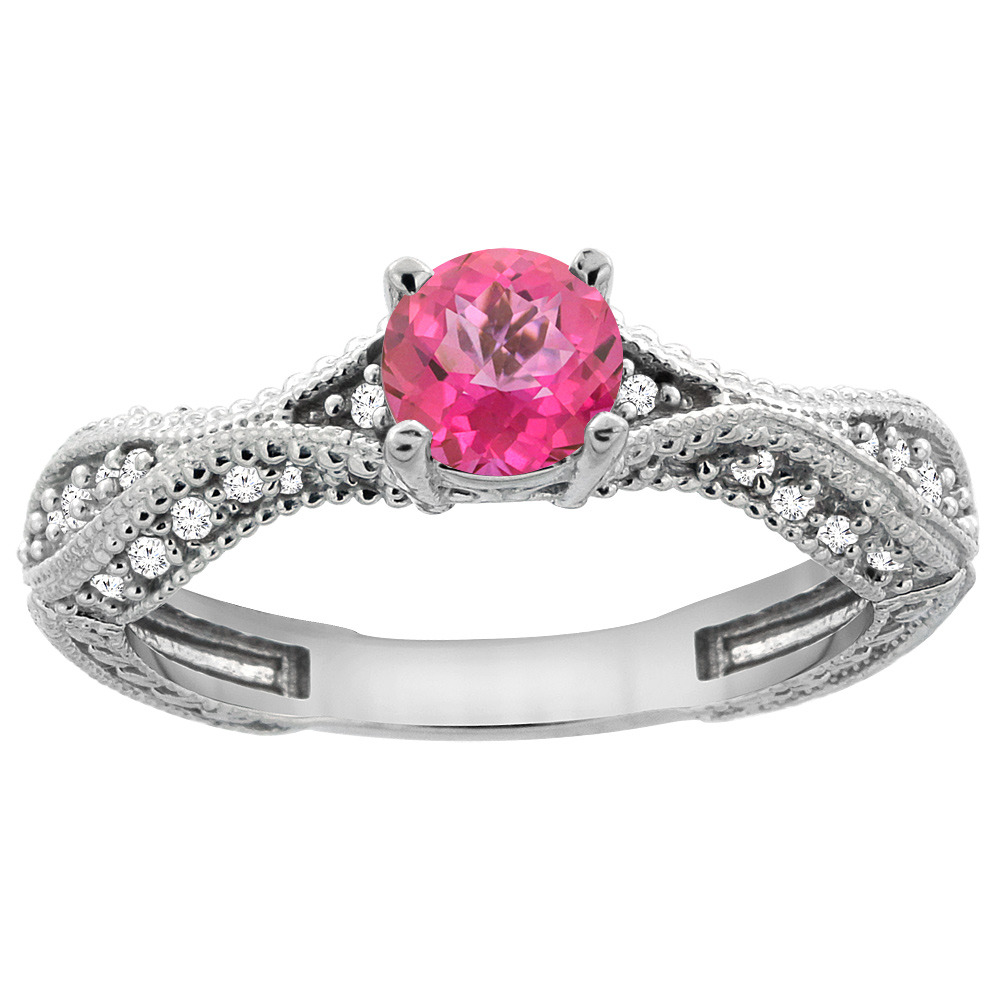 14K White Gold Natural Pink Topaz Round 5mm Engraved Engagement Ring Diamond Accents, sizes 5 - 10