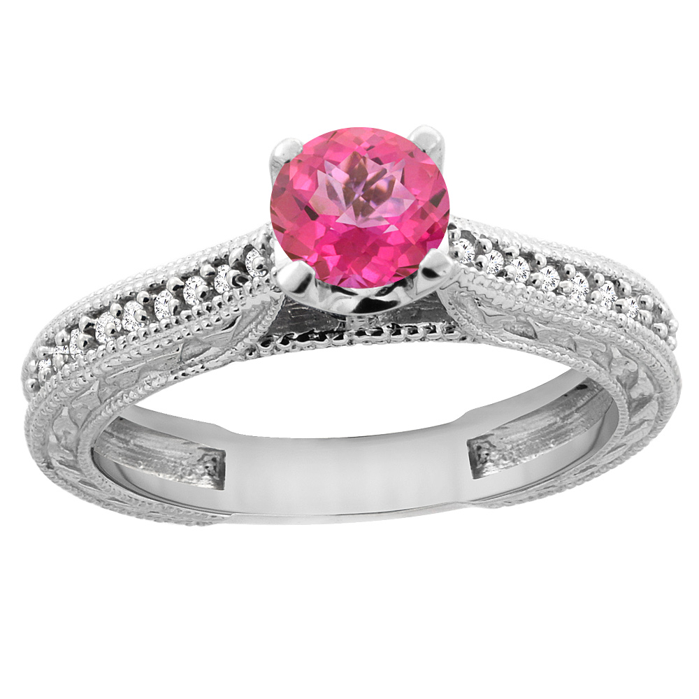 14K White Gold Natural Pink Topaz Round 5mm Engraved Engagement Ring Diamond Accents, sizes 5 - 10