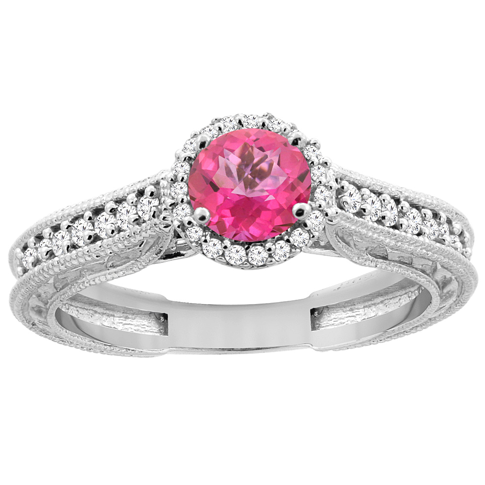 14K White Gold Natural Pink Topaz Round 5mm Engraved Engagement Ring Diamond Accents, sizes 5 - 10