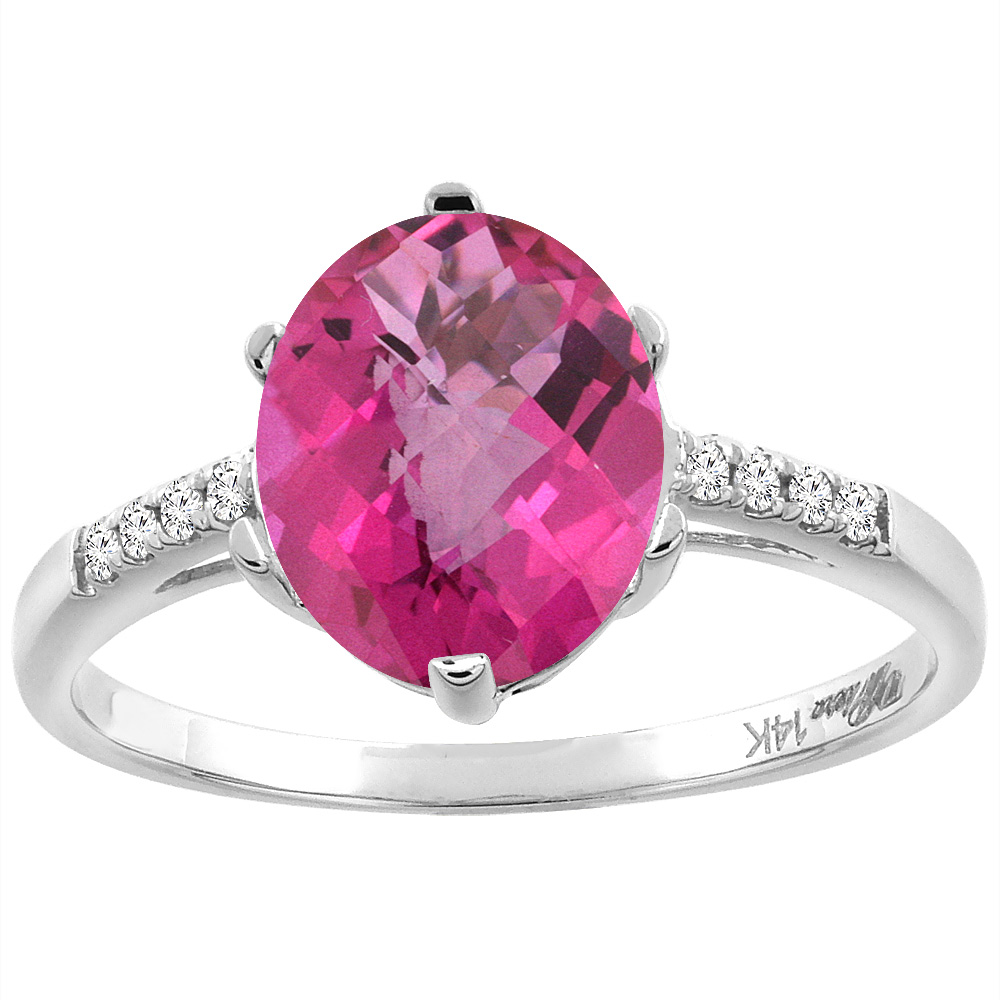 14K White Gold Natural Pink Topaz & Diamond Ring Oval 10x8 mm, sizes 5-10