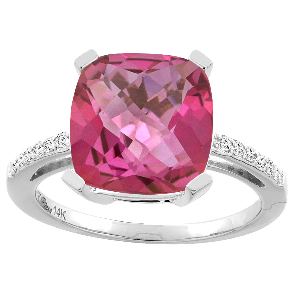 14K Yellow Gold Natural Pink Topaz & Diamond Ring Cushion-cut 12x10 mm, sizes 5-10