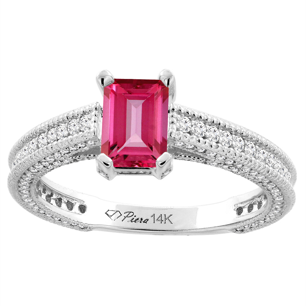 14K White Gold Natural Pink Topaz & Diamond Ring Octagon 7x5 mm, sizes 5-10