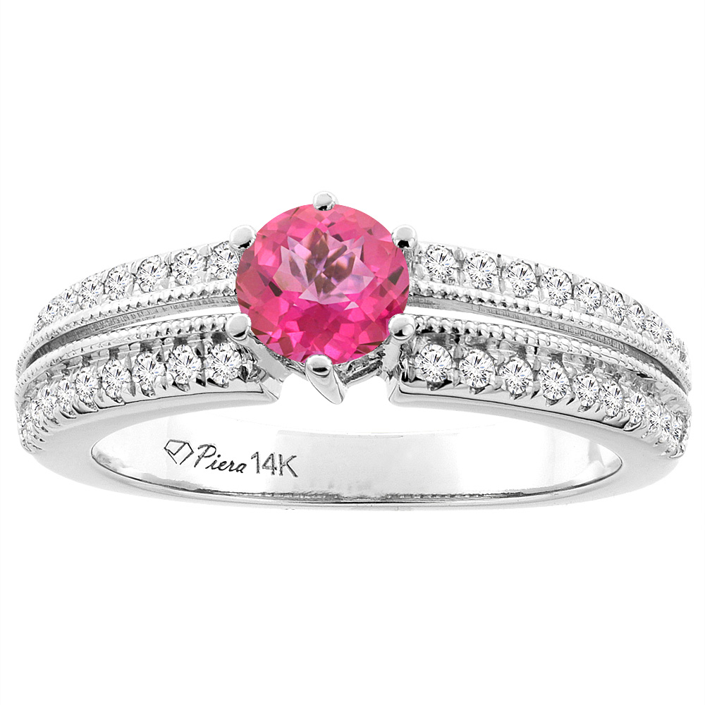 14K White Gold Natural Pink Topaz & Diamond Ring Round 6 mm, sizes 5-10
