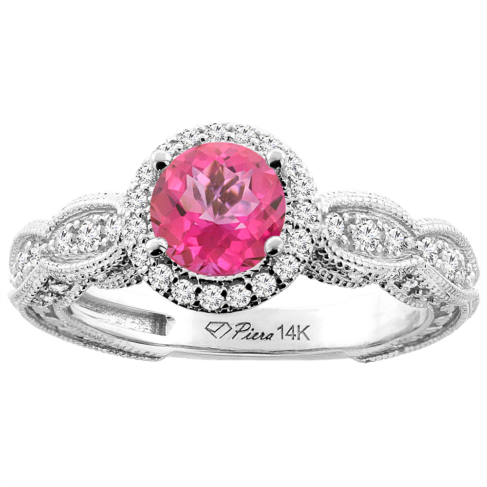 14K White Gold Natural Pink Topaz &amp; Diamond Halo Ring Round 6 mm, sizes 5-10