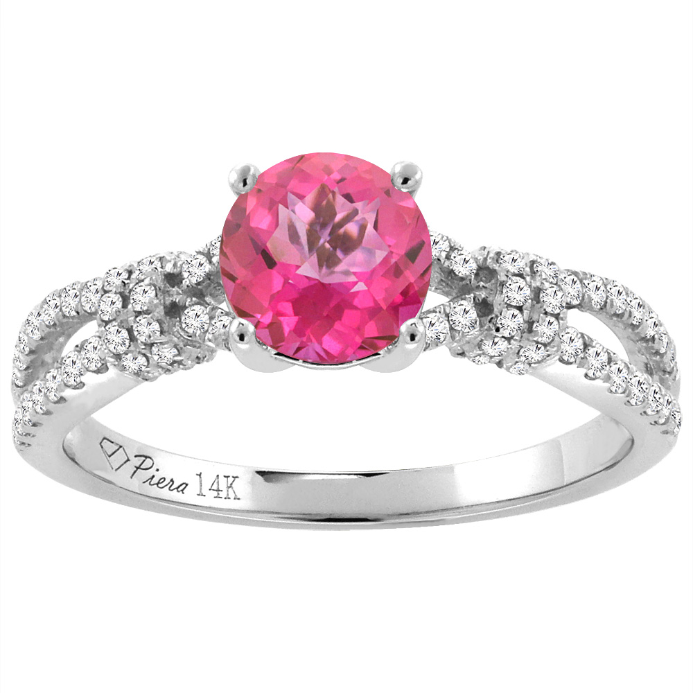 14K White Gold Diamond Natural Pink Topaz Engagement Ring Round 7 mm, sizes 5-10