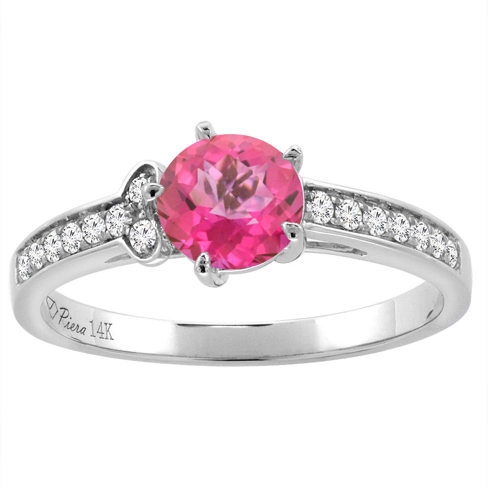 14K White Gold Diamond Natural Pink Topaz Engagement Ring Round 7 mm, sizes 5-10