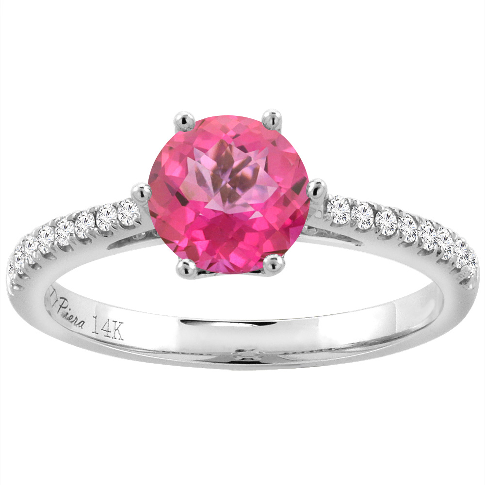 14K White Gold Diamond Natural Pink Topaz Engagement Ring Round 7 mm, sizes 5-10