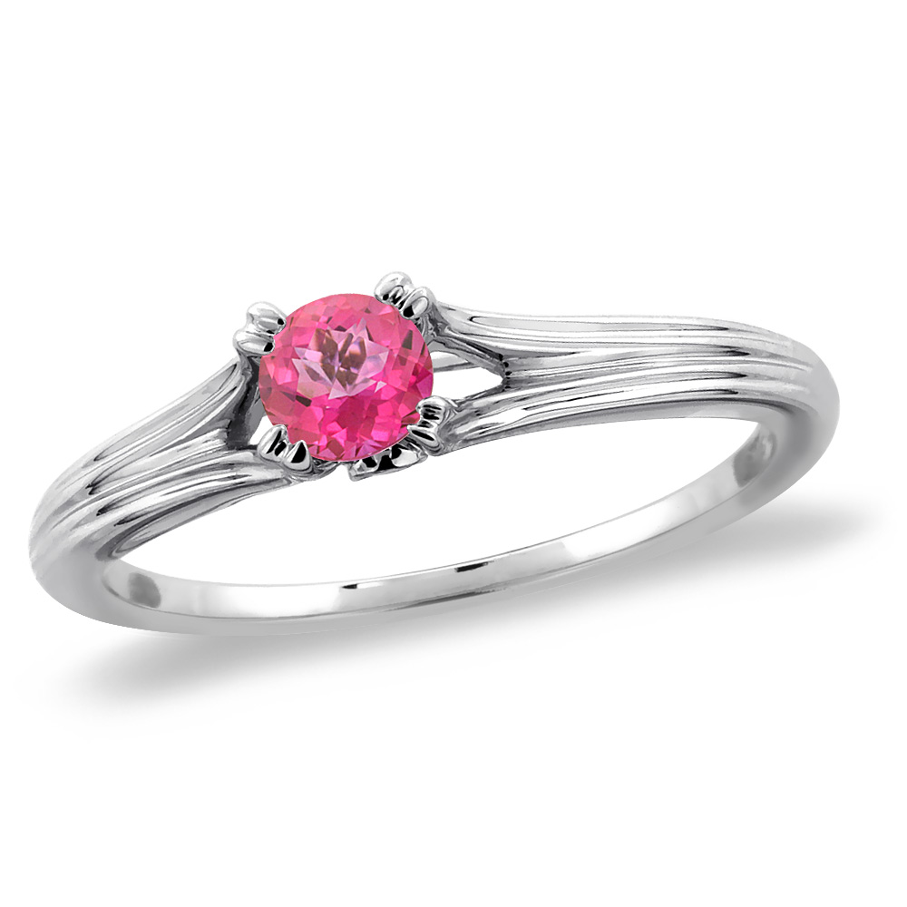 14K White Gold Diamond Natural Pink Topaz Solitaire Engagement Ring Round 6 mm, sizes 5 -10