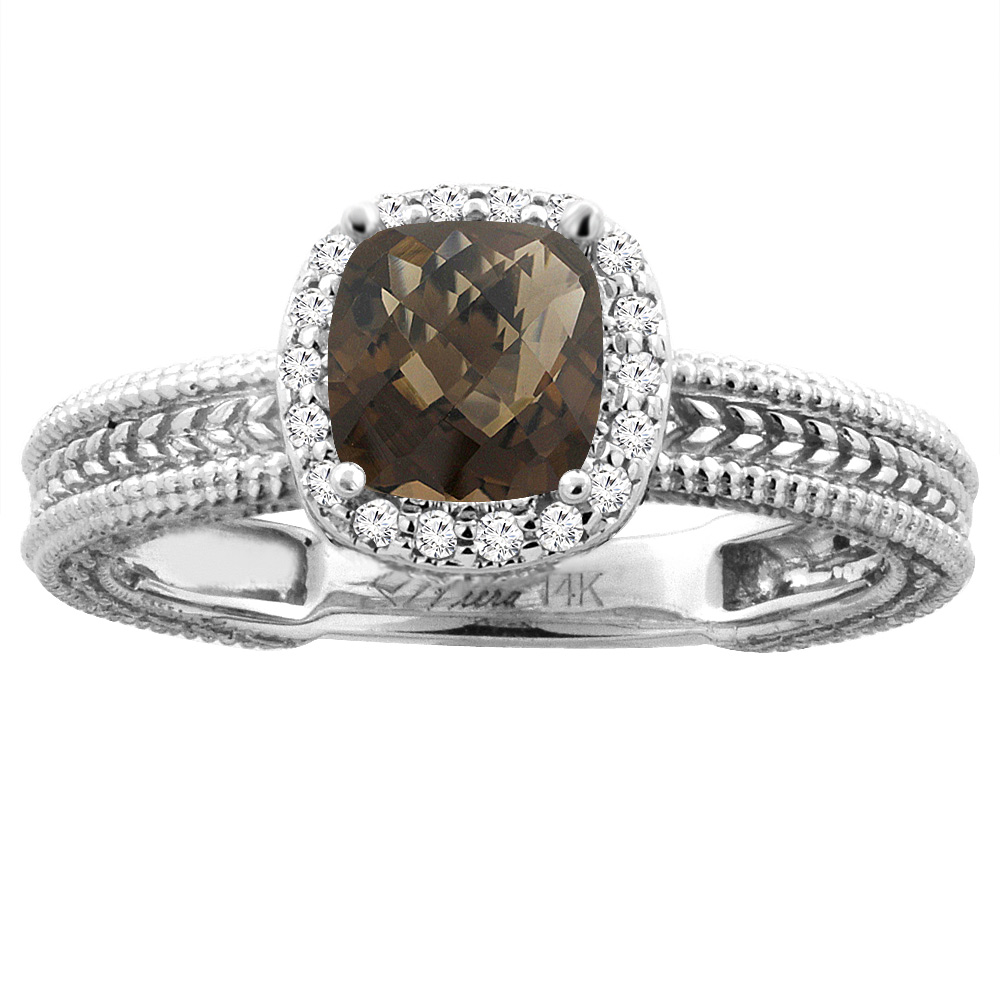 14K Yellow Gold Diamond Natural Smoky Topaz Engagement Ring Cushion 7x7 mm, sizes 5-10