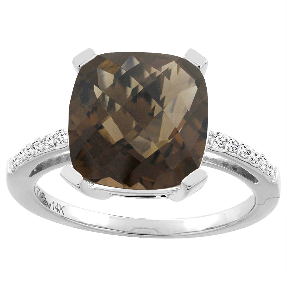 14K White Gold Natural Smoky Topaz & Diamond Ring Cushion-cut 12x10 mm, sizes 5-10