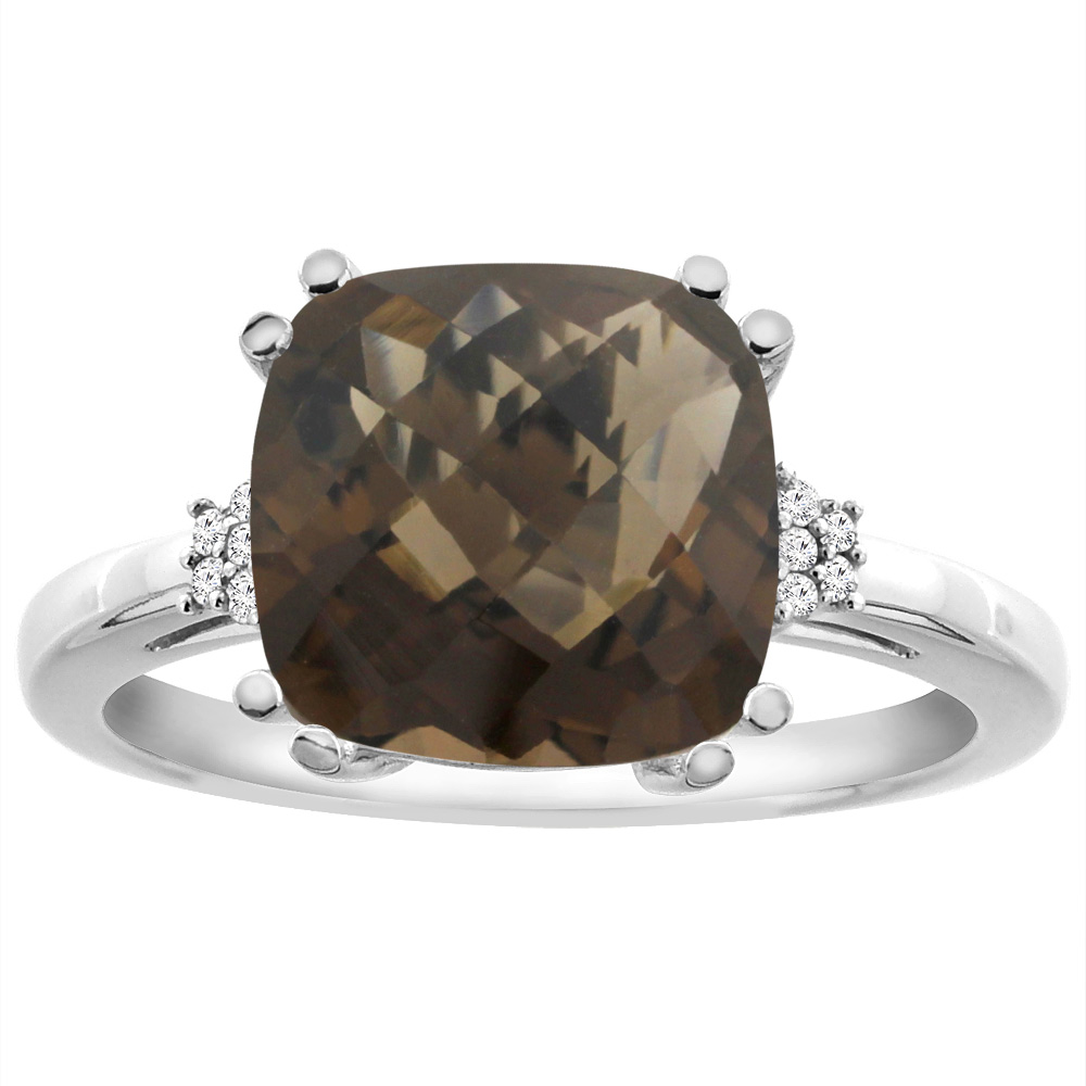 14K Yellow Gold Diamond Natural Smoky Topaz Engagement Ring Cushion-cut 10x10 mm, sizes 5-10