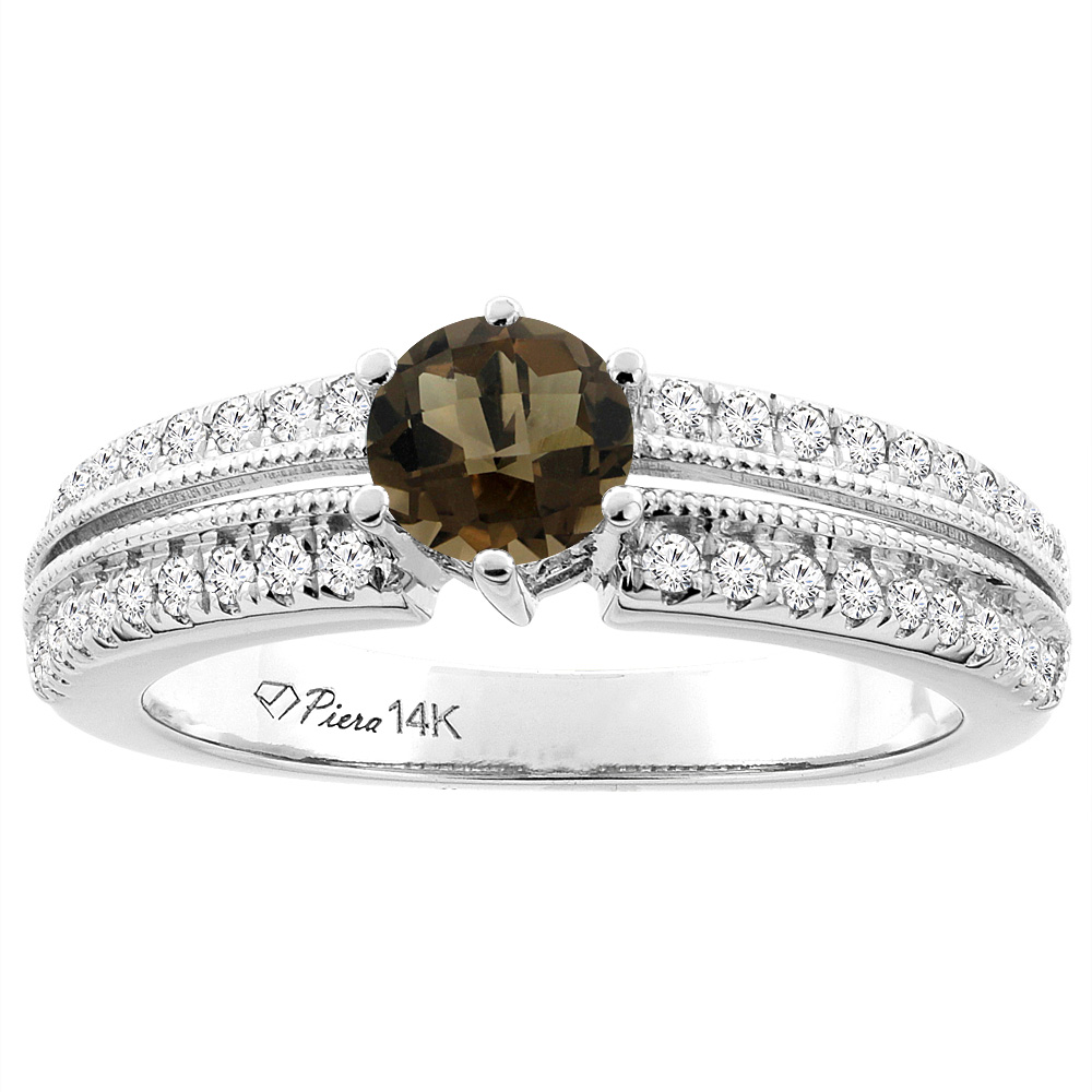 14K White Gold Natural Smoky Topaz & Diamond Ring Round 6 mm, sizes 5-10