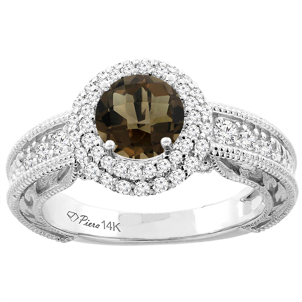 14K White Gold Natural Smoky Topaz & Diamond Halo Ring Round 6 mm, sizes 5-10