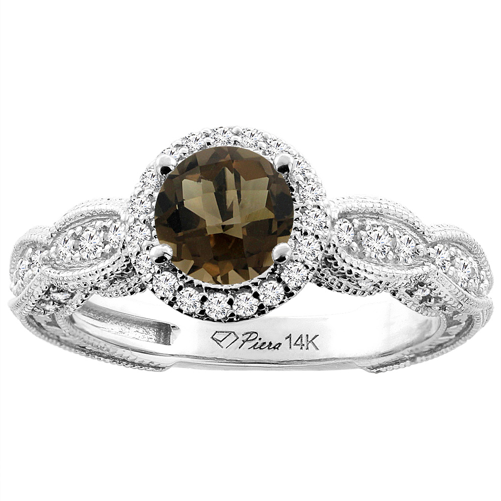 14K White Gold Natural Smoky Topaz &amp; Diamond Halo Ring Round 6 mm, sizes 5-10