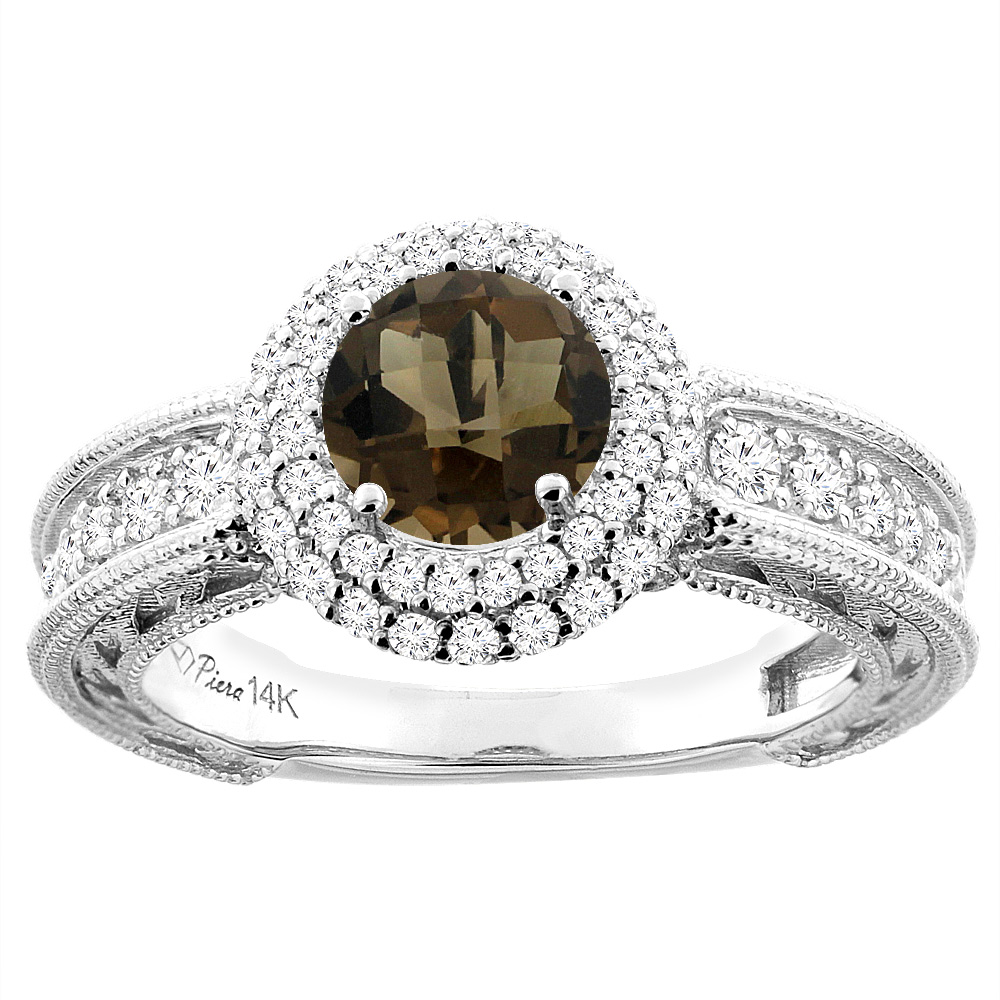 14K White Gold Natural Smoky Topaz & Diamond Halo Ring Round 6 mm, sizes 5-10