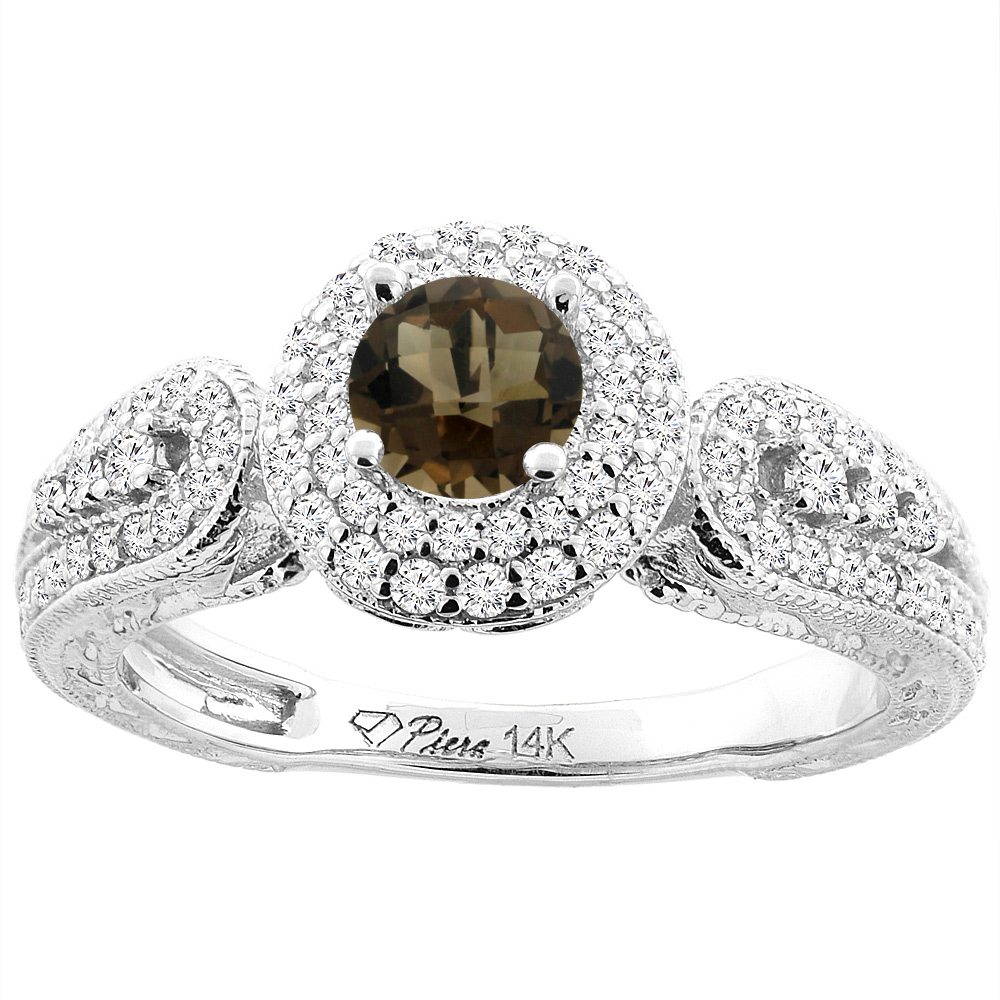 14K Yellow Gold Natural Smoky Topaz &amp; Diamond Halo Ring Round 5 mm, sizes 5-10