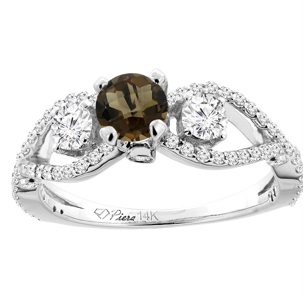 14K White Gold Natural Smoky Topaz & Diamond Ring Round 6 mm, sizes 5-10