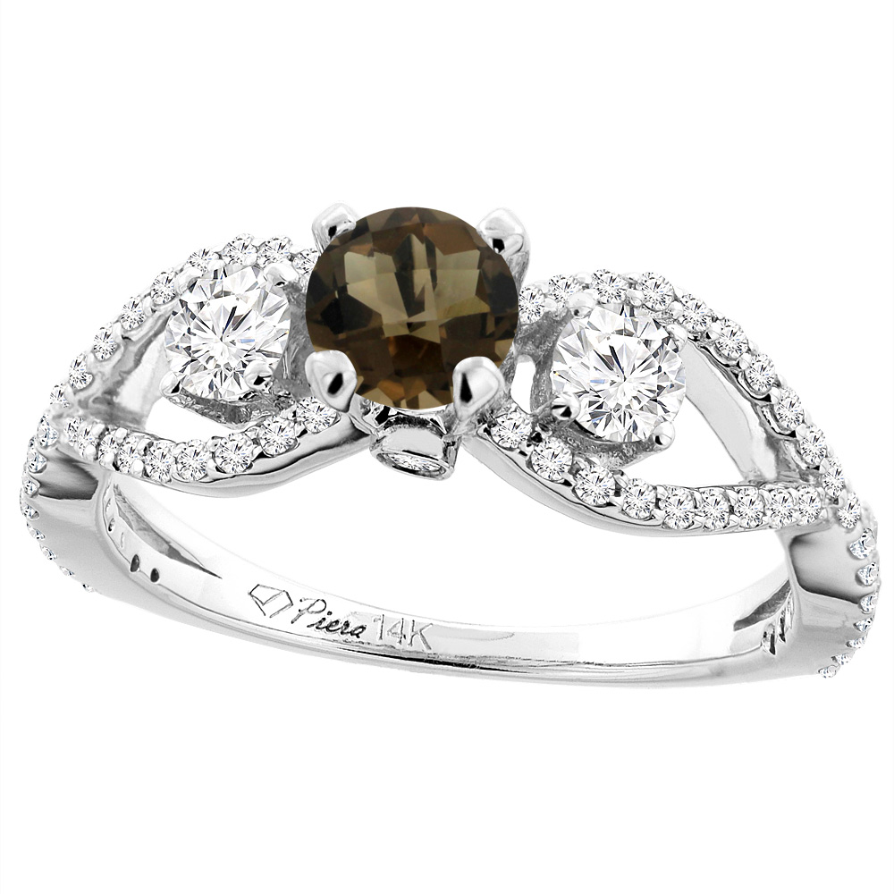 14K White Gold Natural Smoky Topaz & Diamond Ring Round 6 mm, sizes 5-10