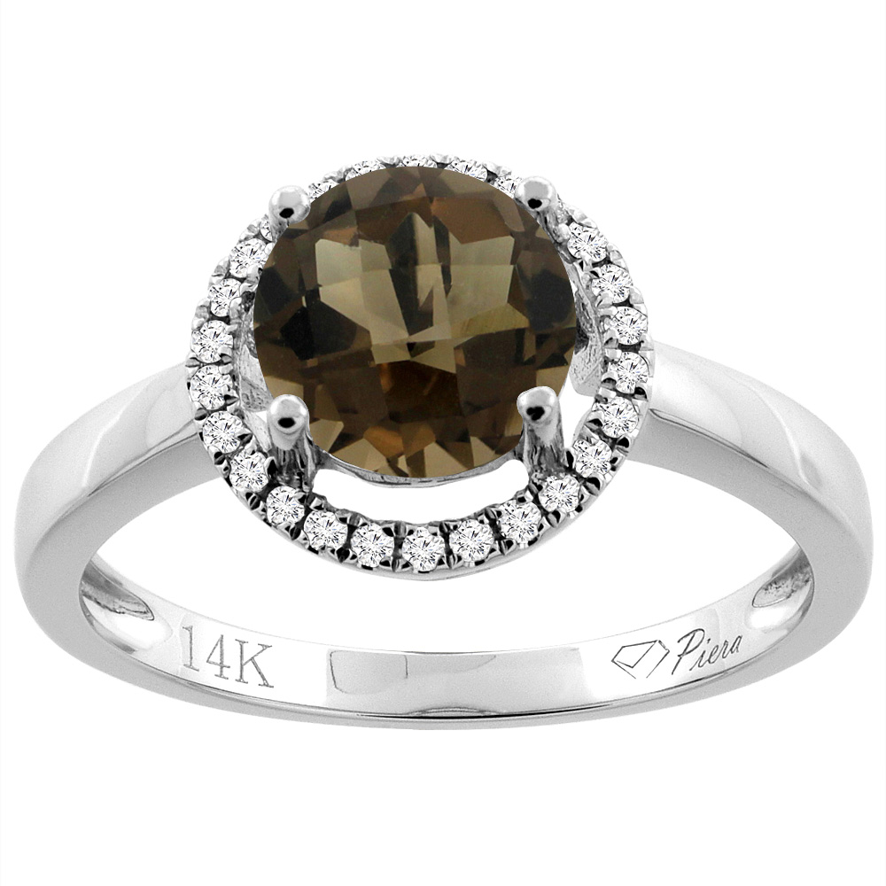 14K Gold Natural Smoky Topaz Ring Round 7 mm Diamond Accents, sizes 5 - 10