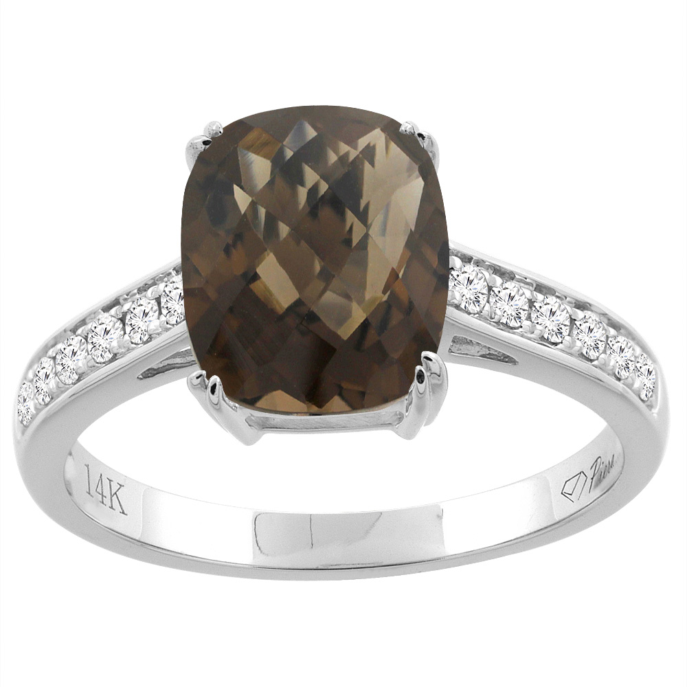 14K Gold Natural Smoky Topaz Ring Cushion Cut 9x7 mm Diamond Accents, sizes 5 - 10