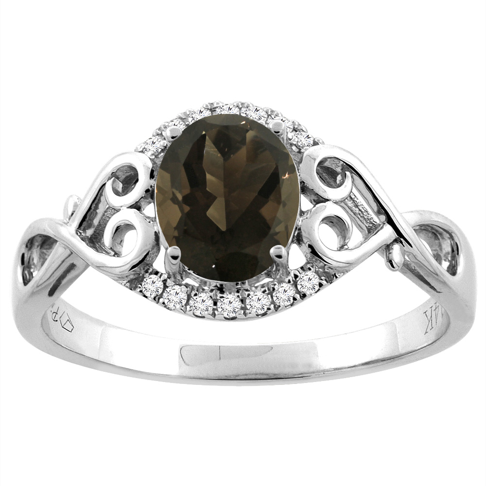 14K Gold Natural Smoky Topaz Ring Oval 8x6 mm Diamond &amp; Heart Accents, sizes 5 - 10