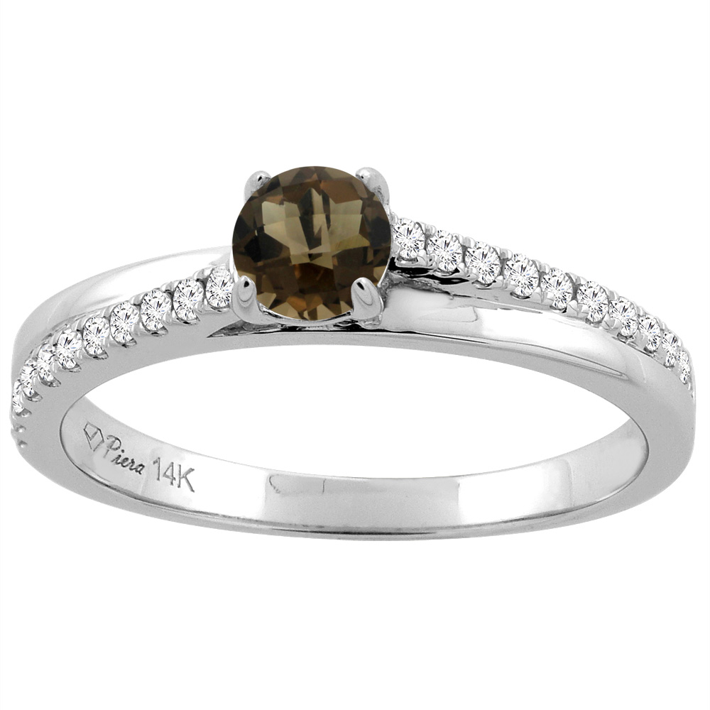 14K White Gold Natural Smoky Topaz Engagement Ring Round 5 mm & Diamond Accents, sizes 5 - 10