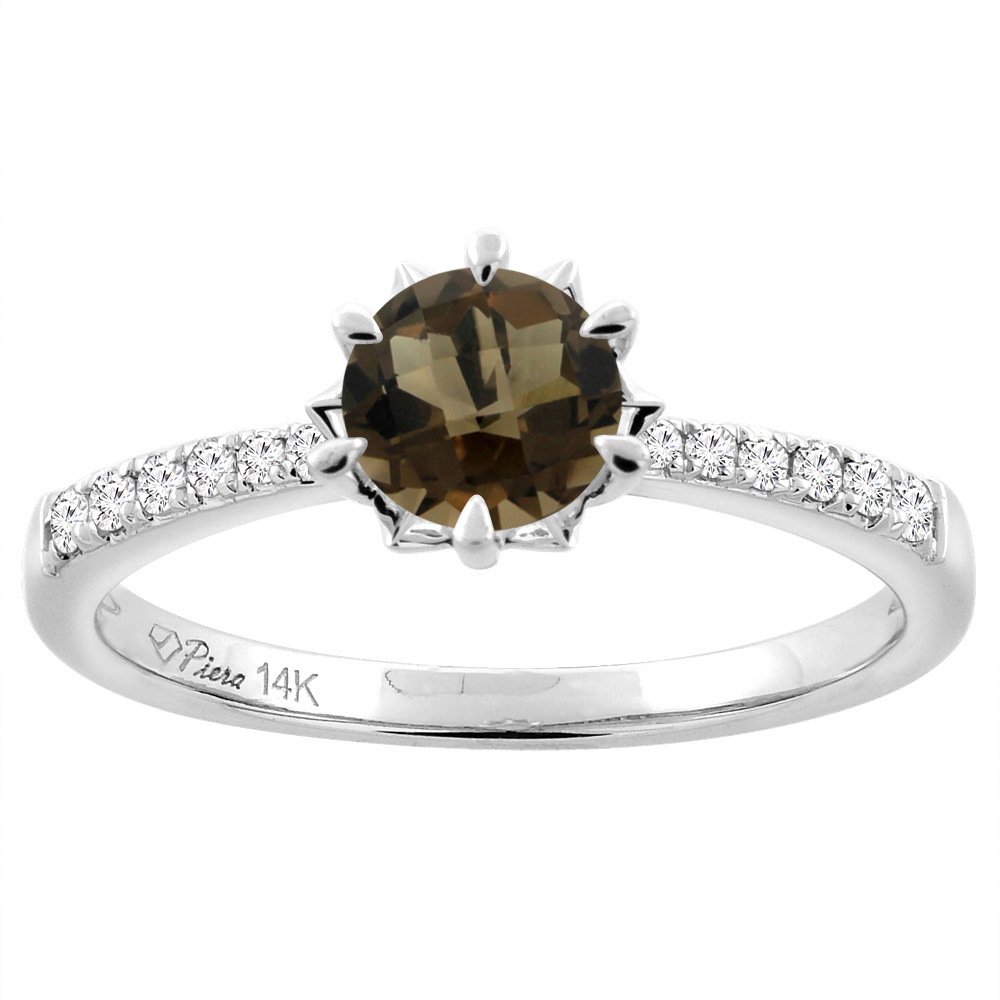 14K White Gold Natural Smoky Topaz Engagement Ring Round 6 mm &amp; Diamond Accents, sizes 5 - 10