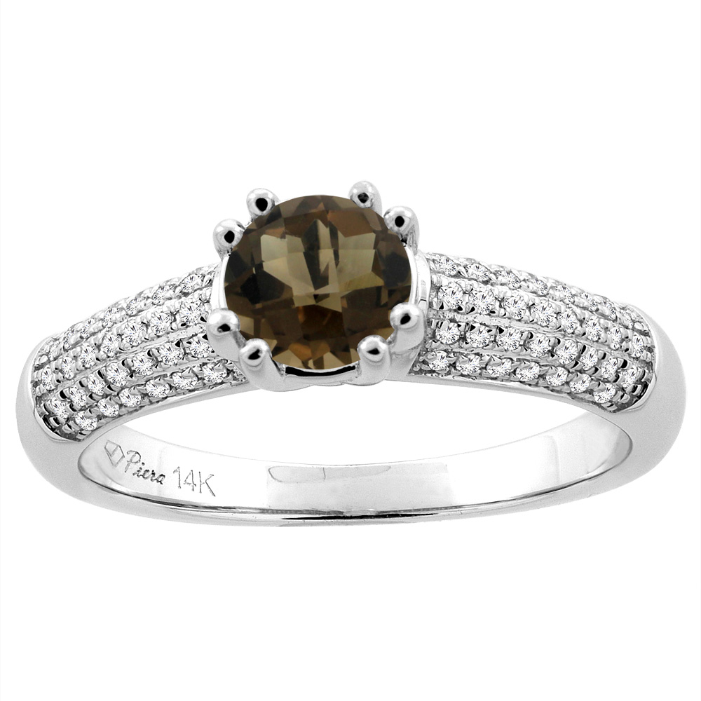 14K White Gold Natural Smoky Topaz Engagement Ring Round 6 mm & Diamond Accents, sizes 5 - 10