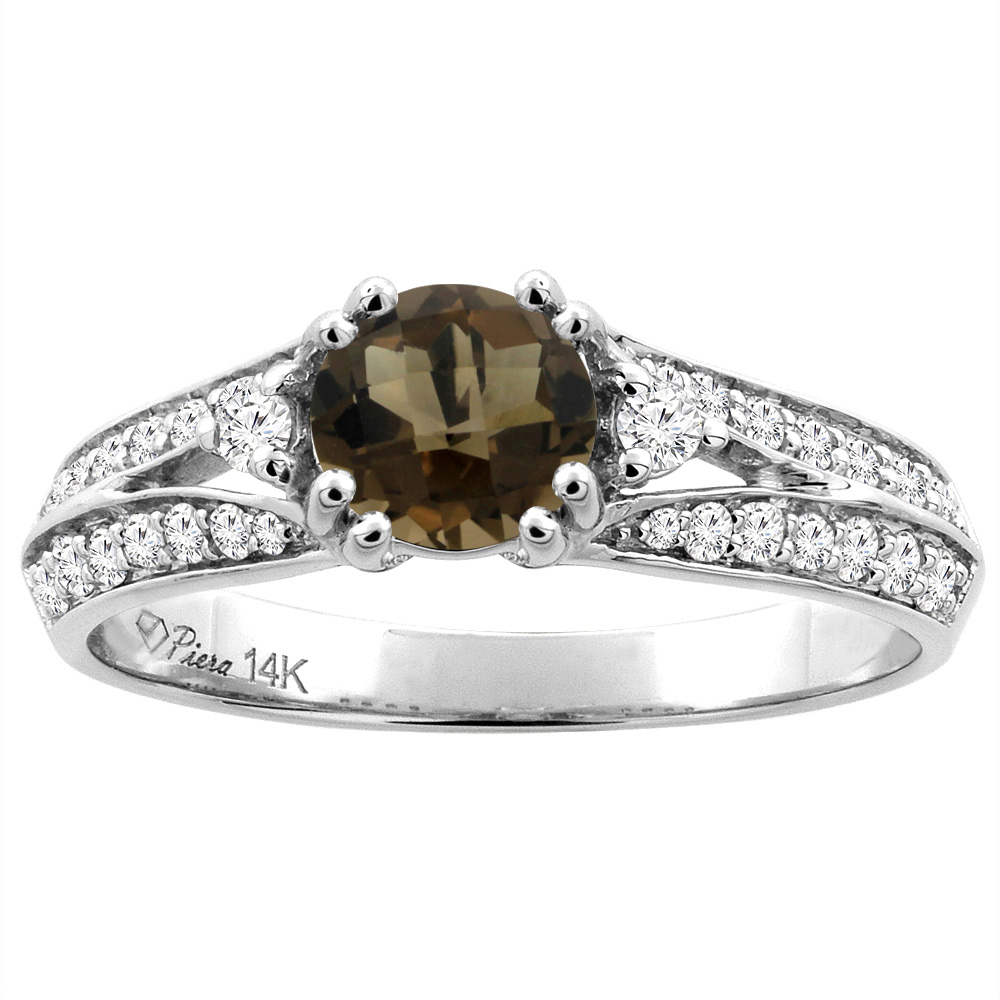 14K White Gold Natural Smoky Topaz Engagement Ring Round 6 mm & Diamond Accents, sizes 5 - 10