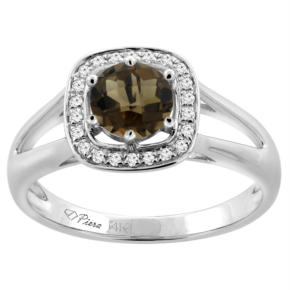 14K White Gold Natural Smoky Topaz Engagement Halo Ring Round 6 mm & Diamond Accents, sizes 5 - 10