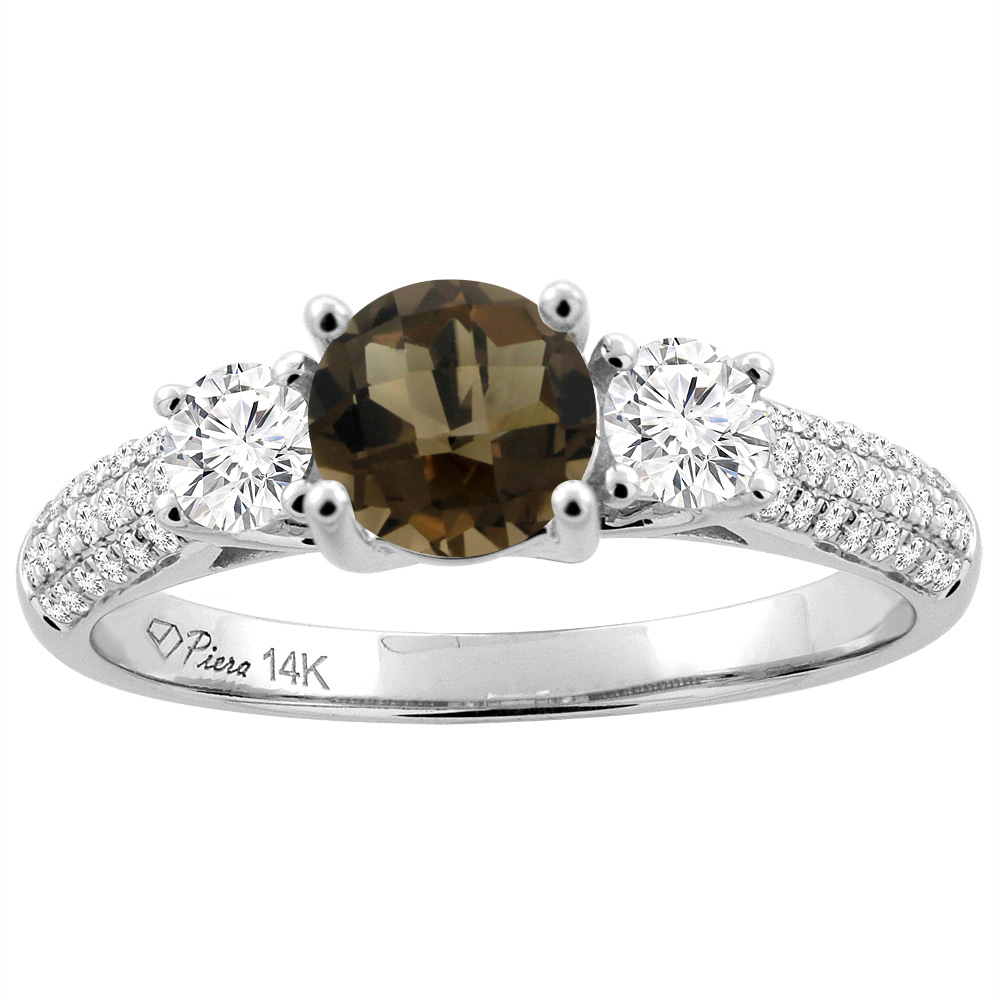 14K White Gold Natural Smoky Topaz Engagement Ring Round 6 mm & Diamond Accents, sizes 5 - 10