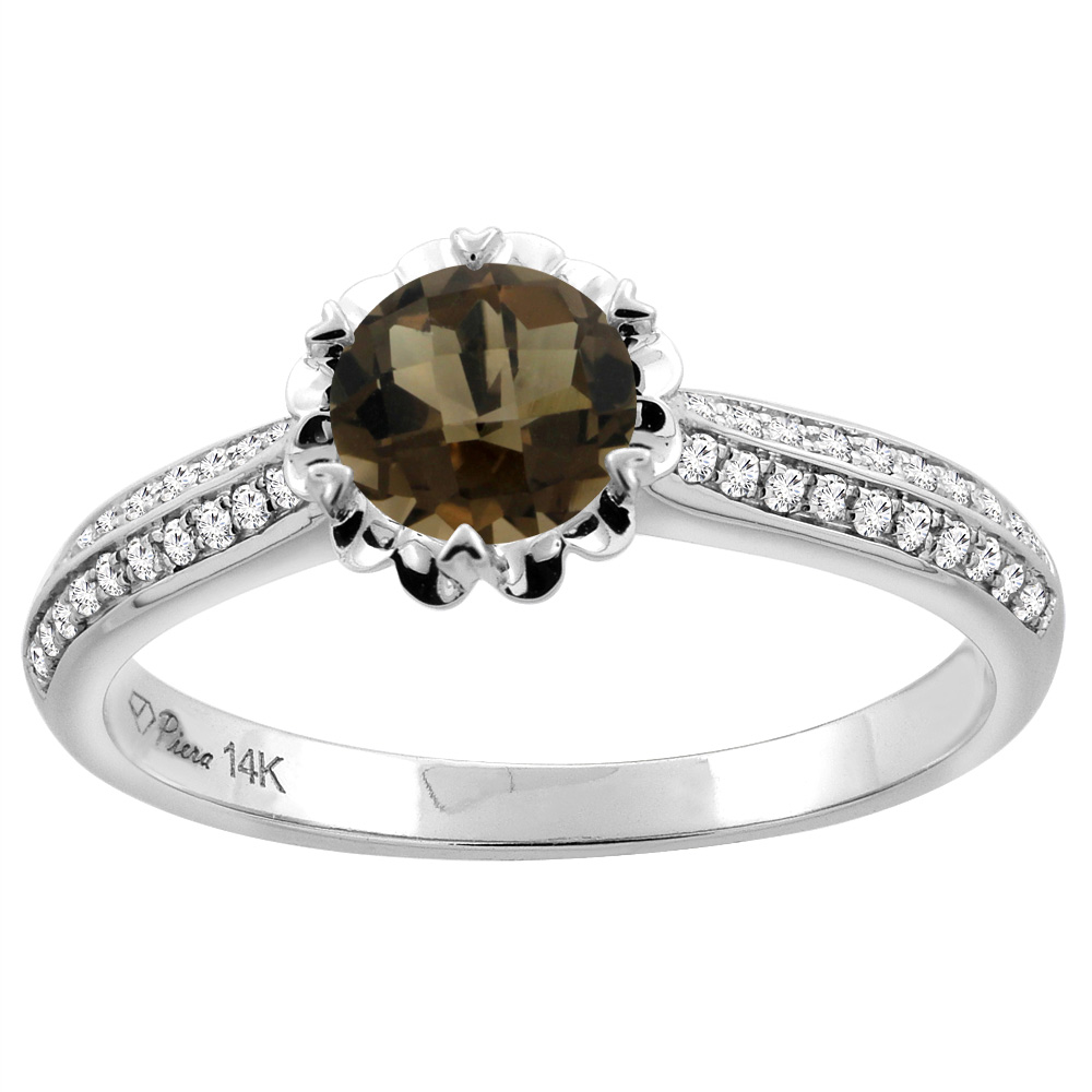 14K White Gold Natural Smoky Topaz Engagement Ring Round 6 mm & Diamond Accents, sizes 5 - 10