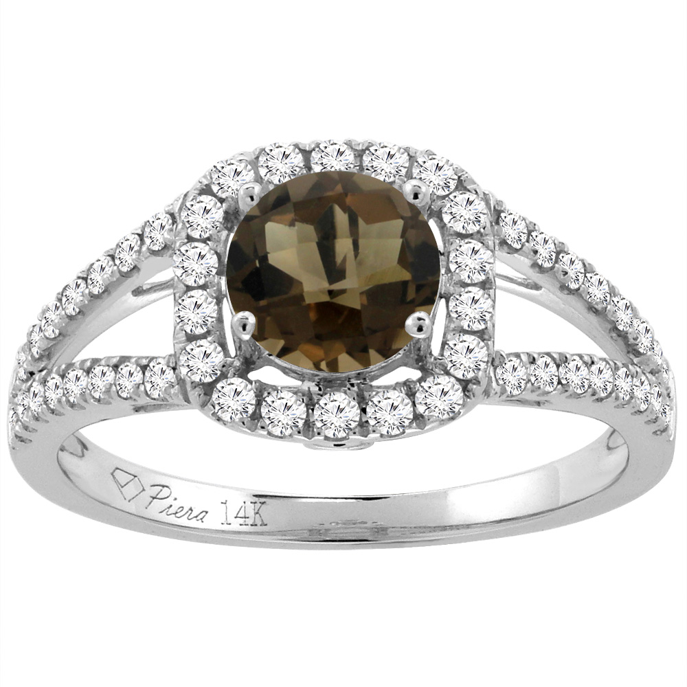 14K Yellow Gold Diamond Natural Smoky Topaz Engagement Halo Ring Round 7 mm, sizes 5-10