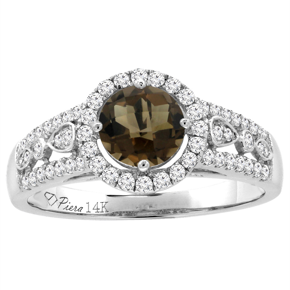 14K Yellow Gold Diamond Natural Smoky Topaz Engagement Halo Ring Round 7 mm, sizes 5-10