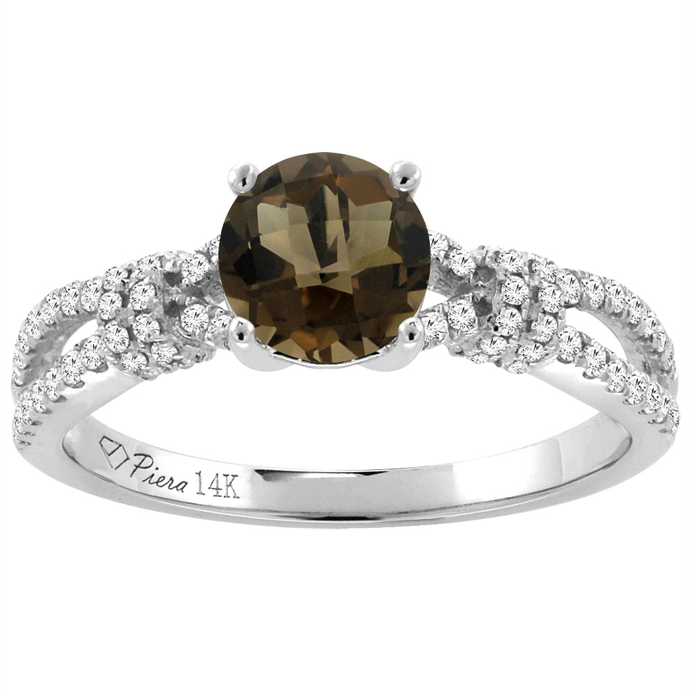 14K White Gold Diamond Natural Smoky Topaz Engagement Ring Round 7 mm, sizes 5-10