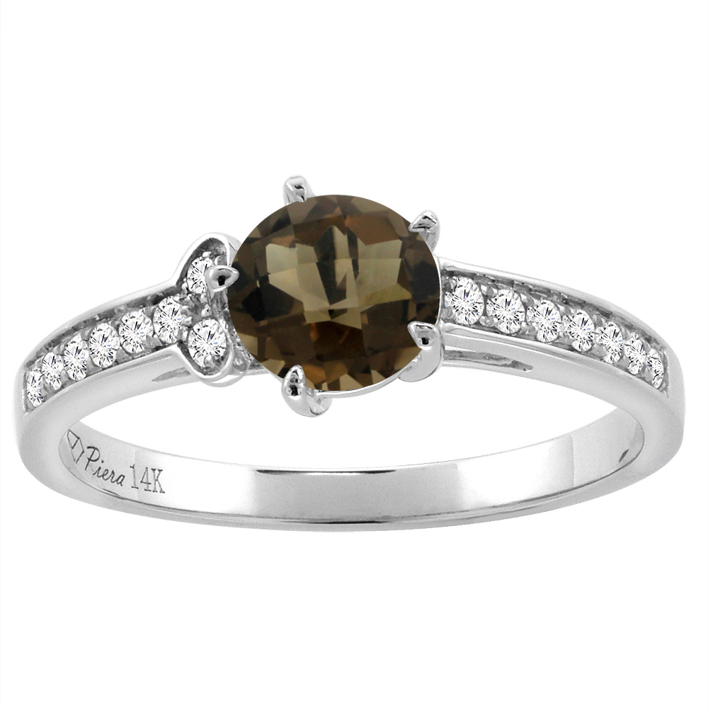 14K White Gold Diamond Natural Smoky Topaz Engagement Ring Round 7 mm, sizes 5-10