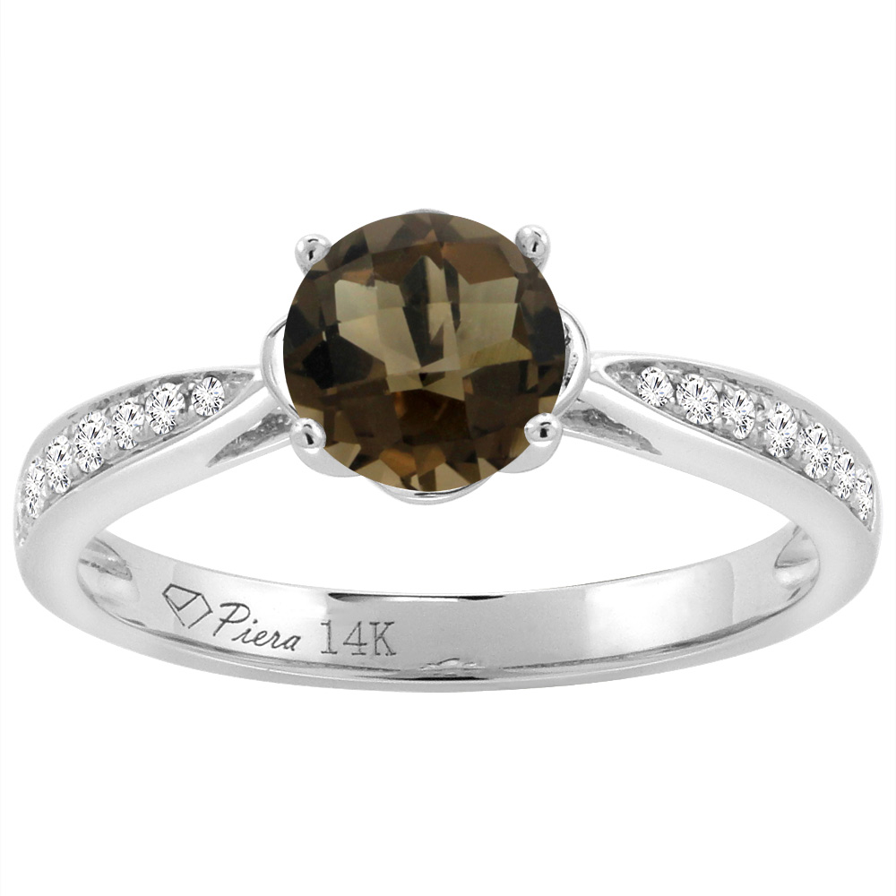 14K White Gold Diamond Natural Smoky Topaz Engagement Ring Round 7 mm, sizes 5-10