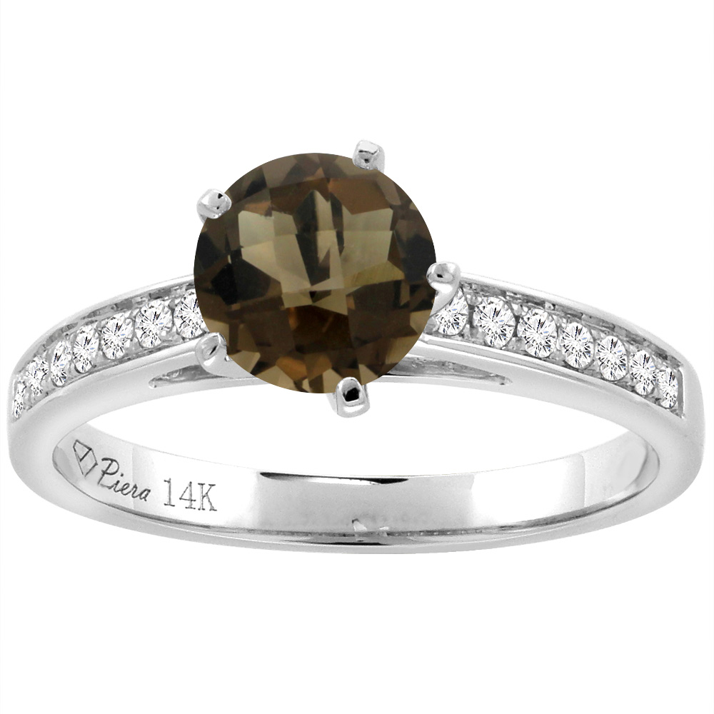 14K White Gold Diamond Natural Smoky Topaz Engagement Ring Round 7 mm, sizes 5-10