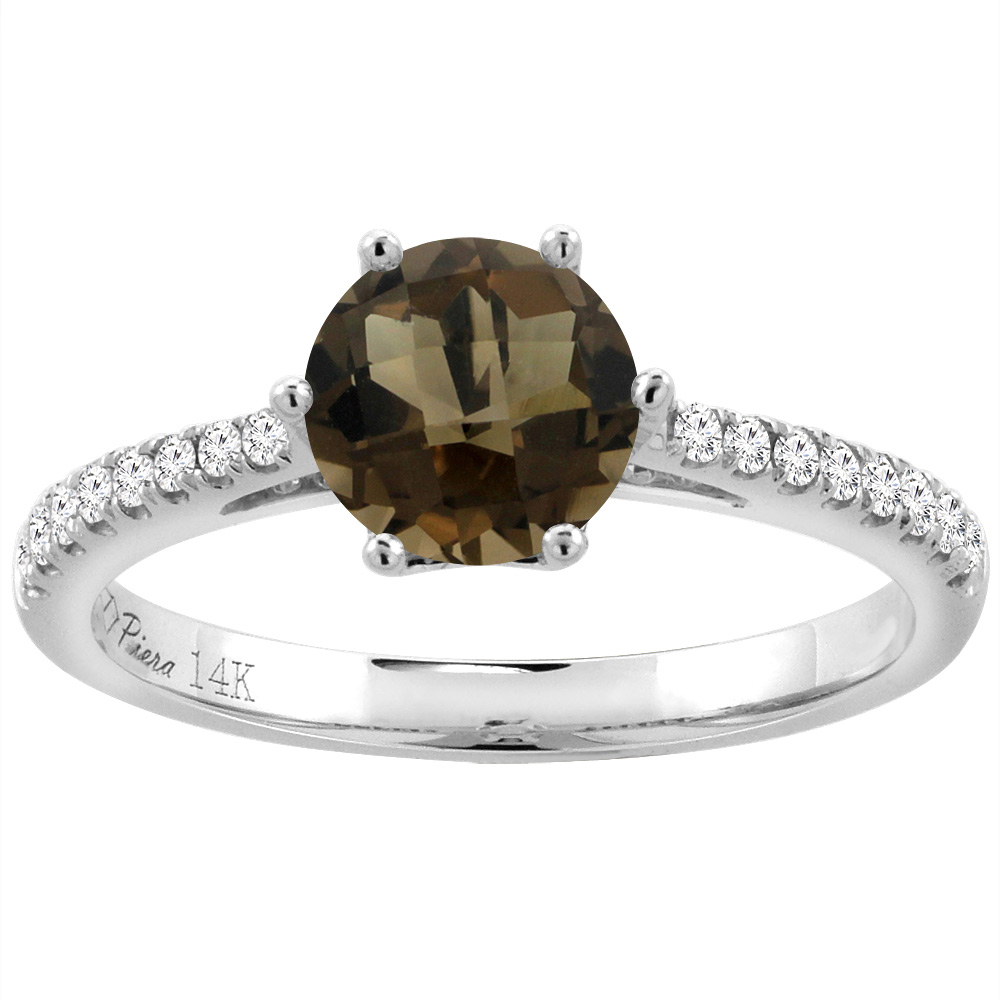 14K White Gold Diamond Natural Smoky Topaz Engagement Ring Round 7 mm, sizes 5-10