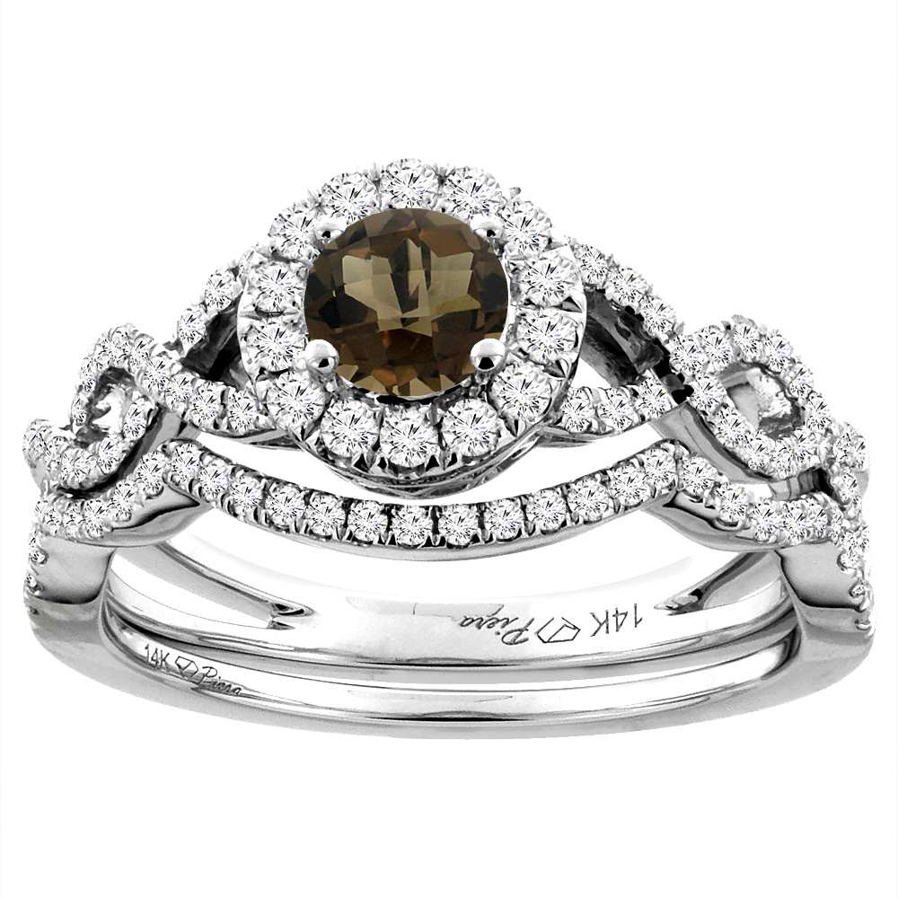 14K White Gold Diamond Natural Smoky Topaz Halo Engagement Bridal Ring Set Round 5 mm, sizes 5-10