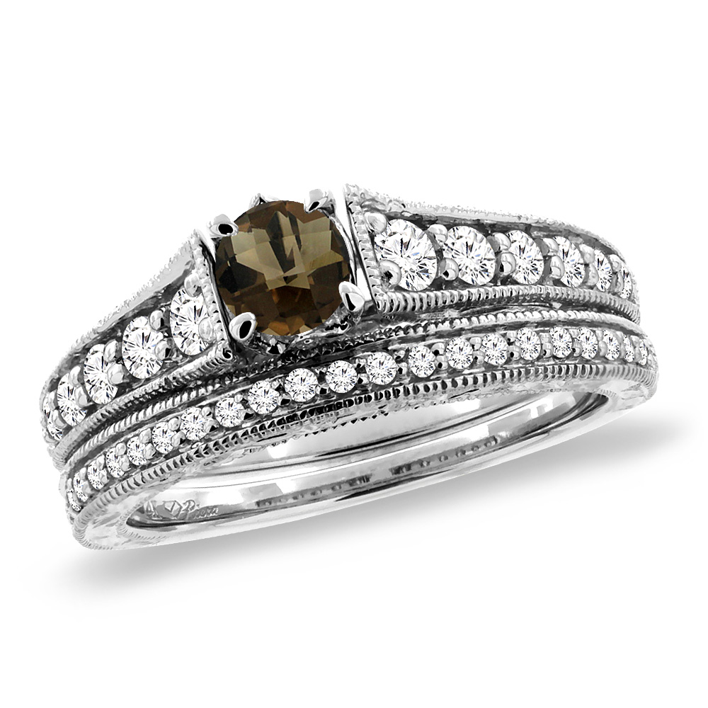 14K White Gold Diamond Natural Smoky Topaz 2pc Engagement Ring Set Round 5 mm, sizes 5-10