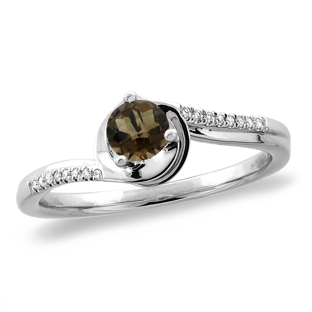 14K White/Yellow Gold Diamond Natural Smoky Topaz Bypass Engagement Ring Round 4 mm, sizes 5 -10