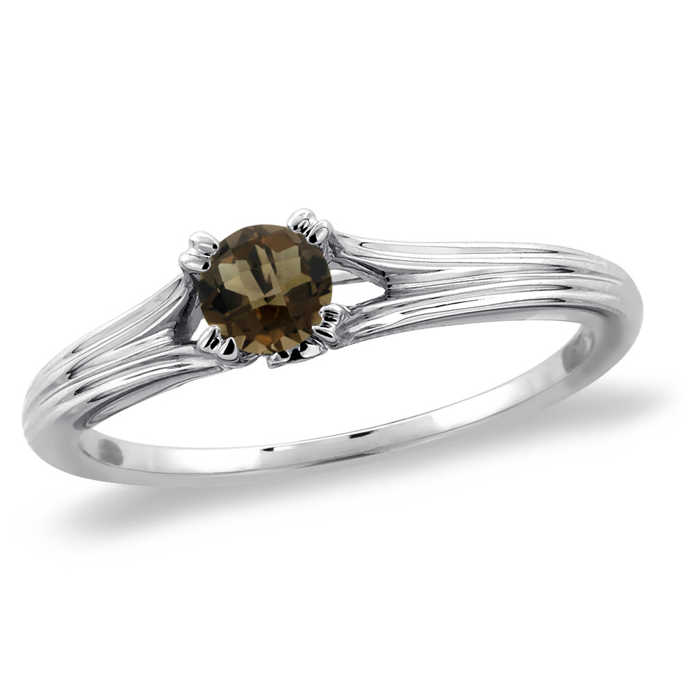 14K White Gold Diamond Natural Smoky Topaz Solitaire Engagement Ring Round 6 mm, sizes 5 -10