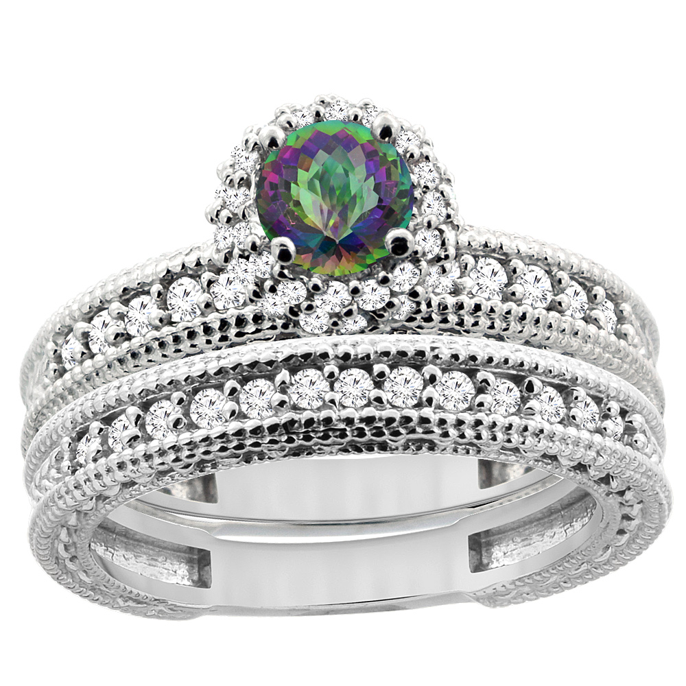 14K White Gold Diamond Natural Mystic Topaz Round 4mm Engagement Ring 2-piece Set, sizes 5 - 10